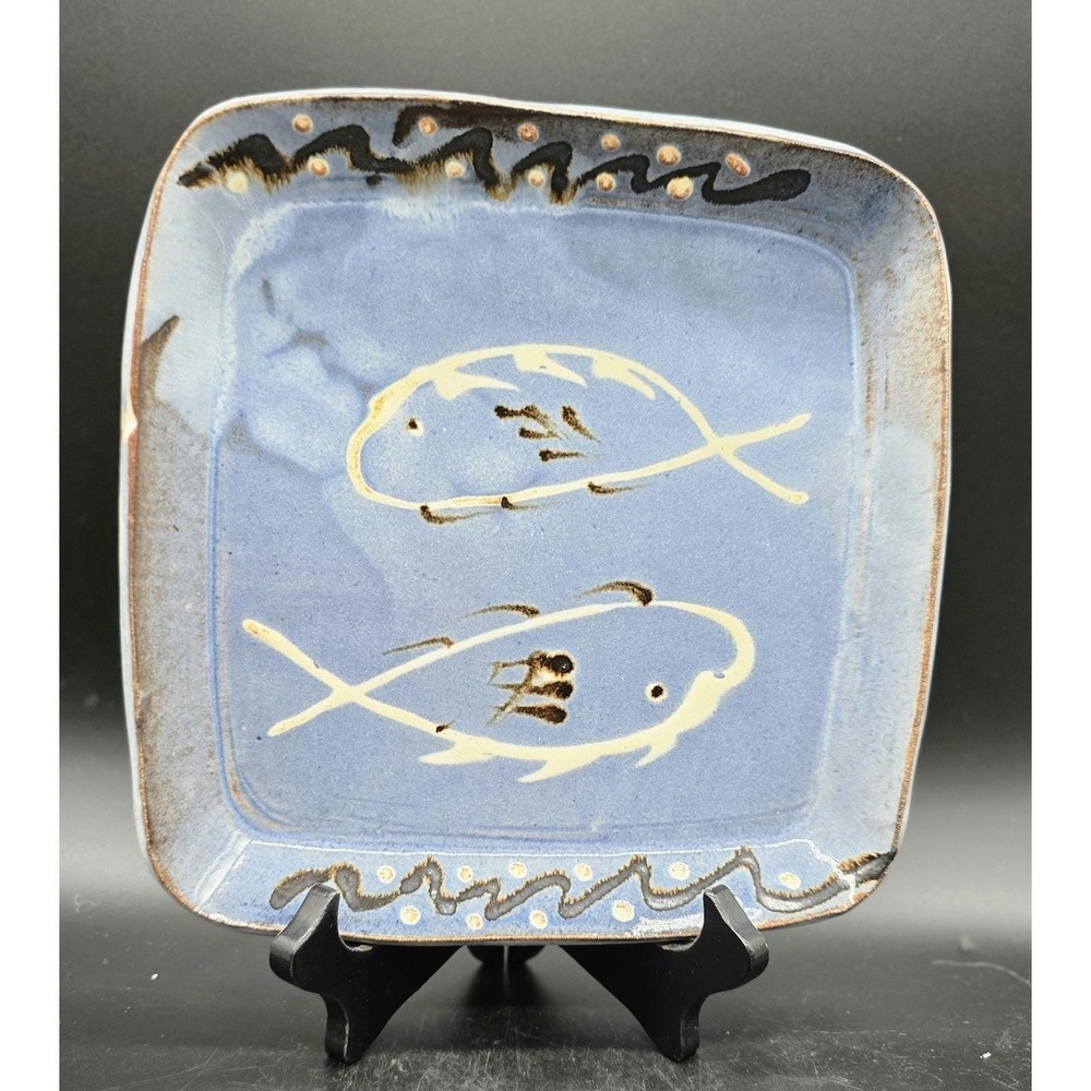 Vintage Studio Art Pottery Square Tray Plate Fish Picese Signed 9.75"